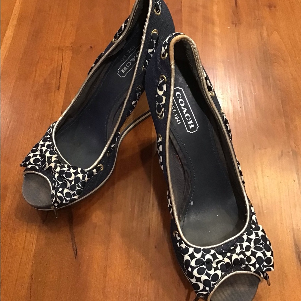 Coach Navy and Cream Espadrille Wedges